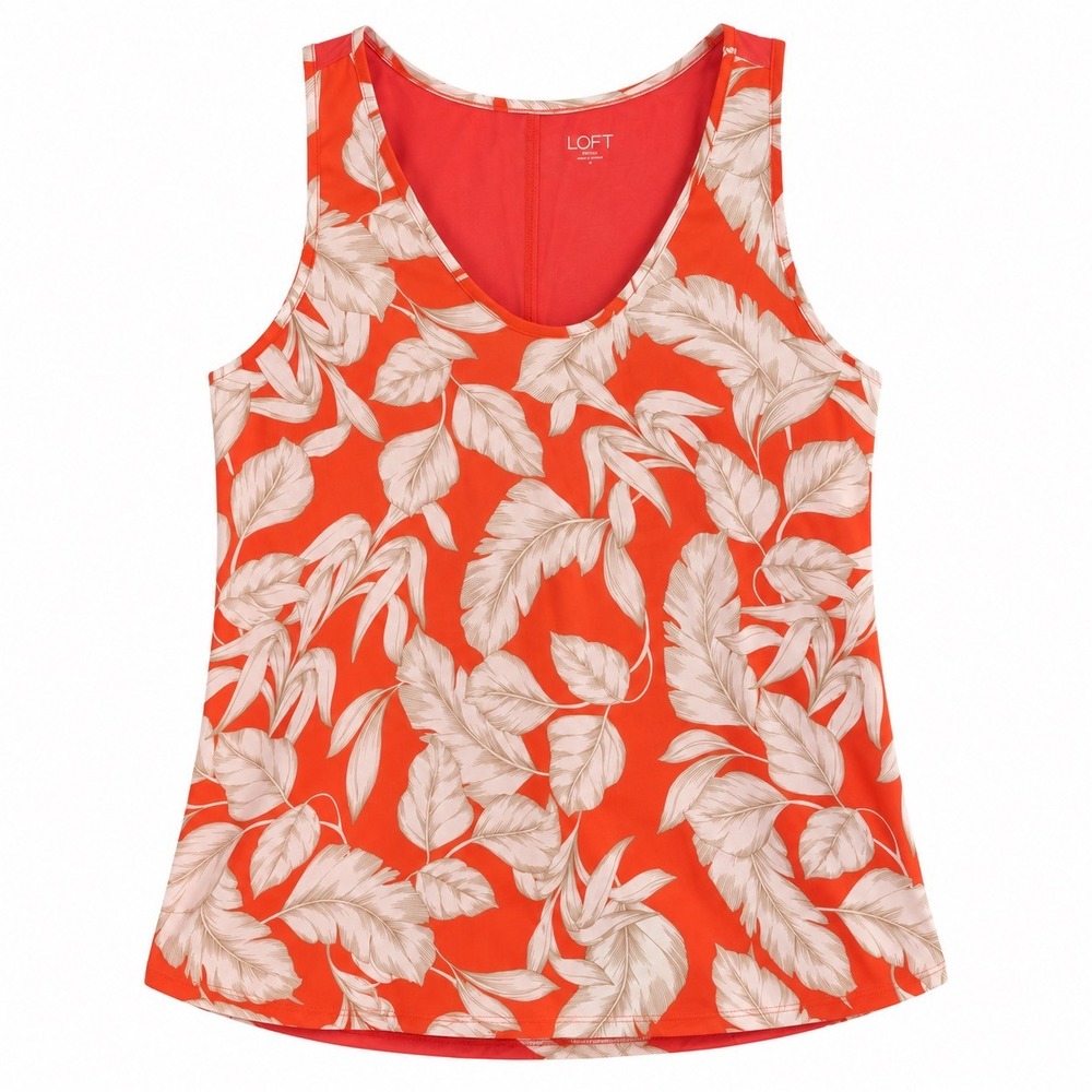 Loft Outlet Womens Orange Floral Leaf Print V-Neck Mixed Media Tank Top Size M